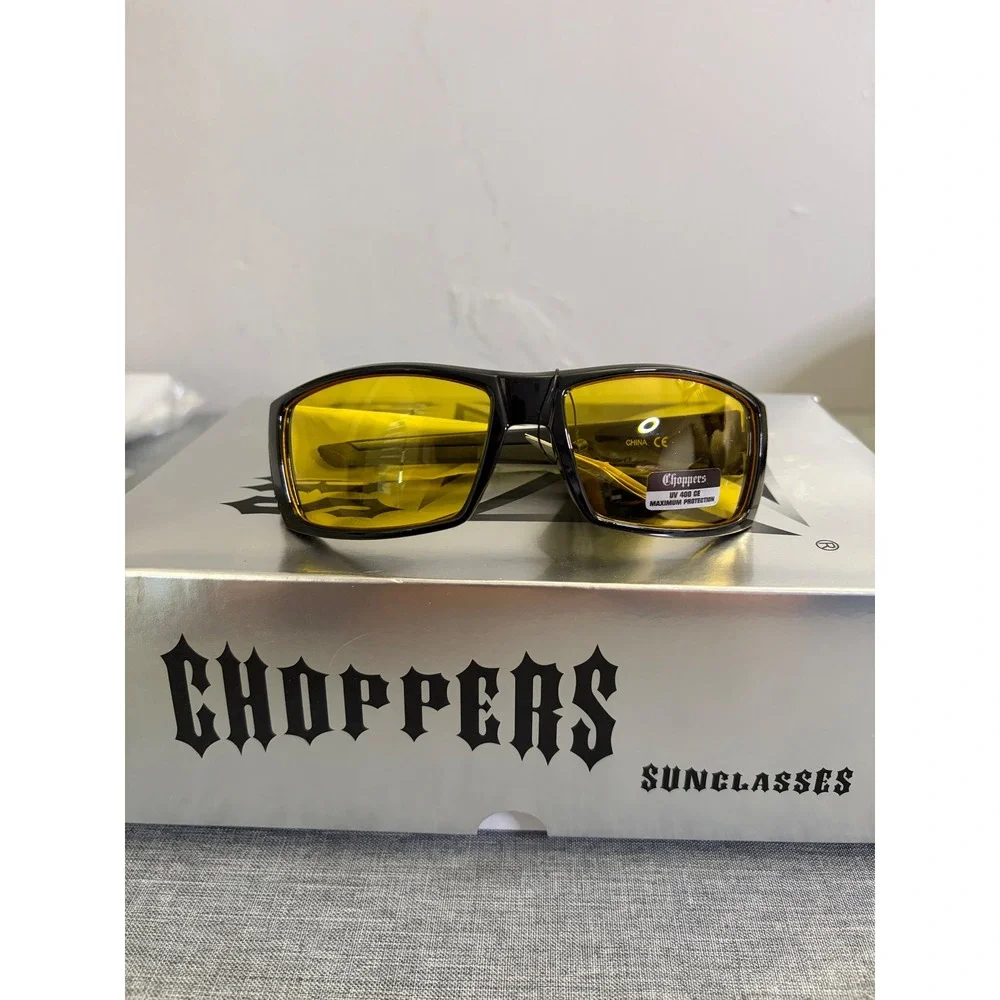 Choppers Sunglasses Mens OS Gloss Black Yellow Lens Biker Wrap UV400 8CP6778